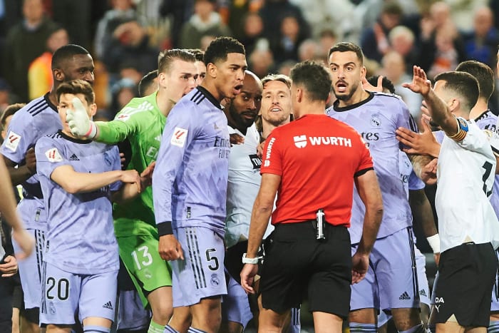Real Madrid's no.5 Jude Bellingham pictured shouting at referee Jesus Gil Manzano moments before he was shown a red card at the end of his team's 2-2 draw at Valencia in March 2024
